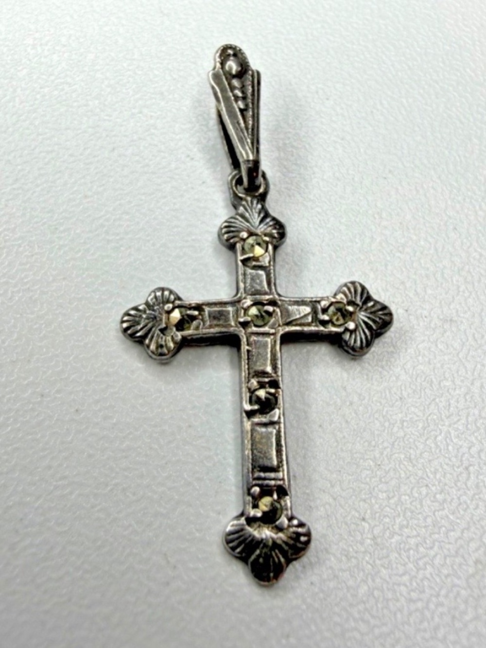 Vintage Sterling Silver Marcasite Christian Cross Pendant Charm 1" L Religious